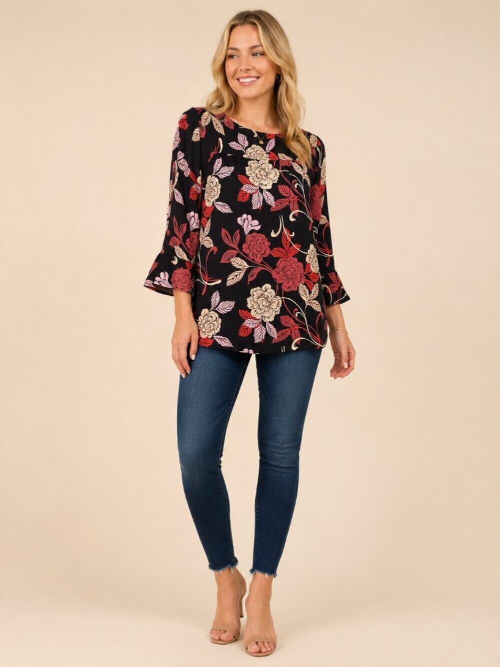 Banana Republic Floral Print Tunic Blouse 3/4 Sleeve Button Back Large #A2756
